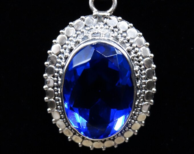 Lab Sapphire (15.75ct) in Sterling Silver Detailed Setting Pendant