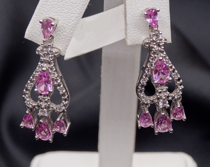 Lab Pink Sapphire, Natural White Sapphire and Sterling Silver Chandelier Earrings
