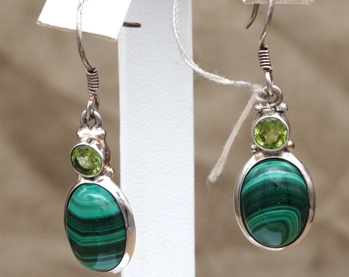 Malachite, Peridot and Sterling Silver Dangle Earrings