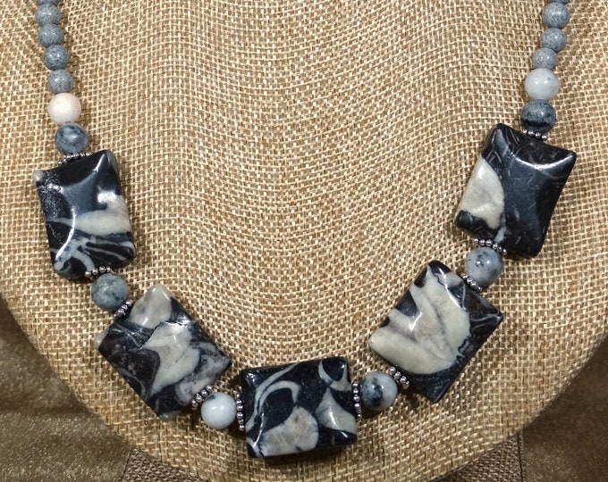 Zebra and Green Earth Jasper,  Black Spot Feldspar and Sterling Silver Necklace