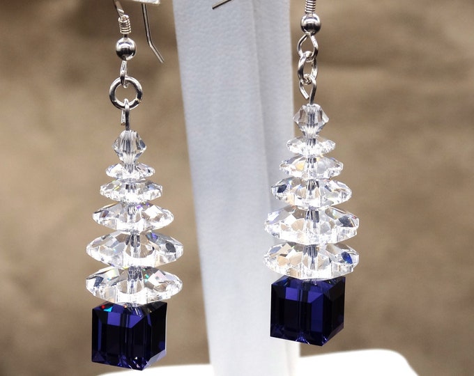 Purple Velvet and Clear Swarovski Sterling Silver Crystal Holiday Tree Earrings