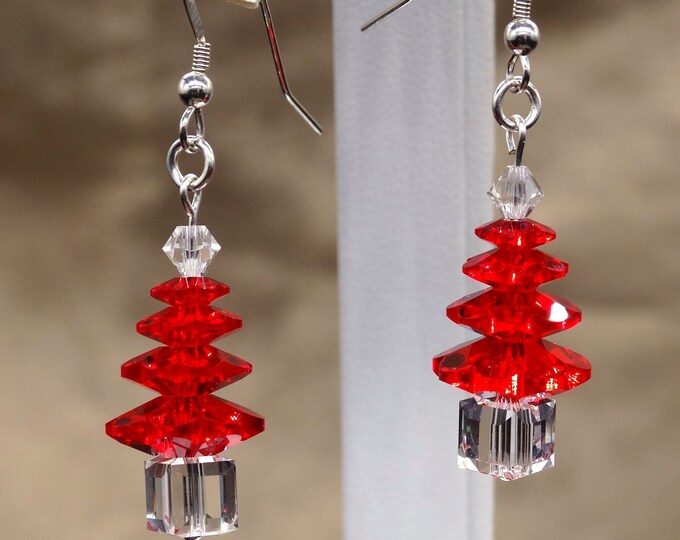 Red and Clear Swarovski Crystal Sterling Silver Holiday Tree Earrings