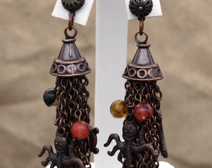 Copper Sea Creature Tassel Earrings