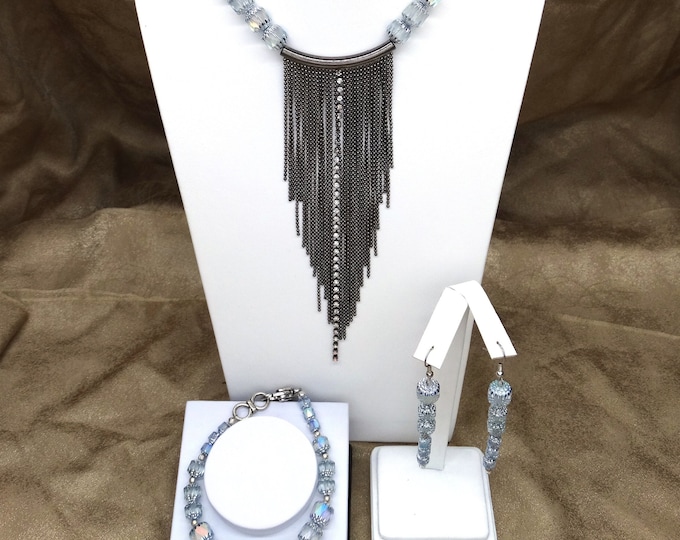 Crystaled and Cathedral Fringe Set  - Necklace, Bracelet and Earrings