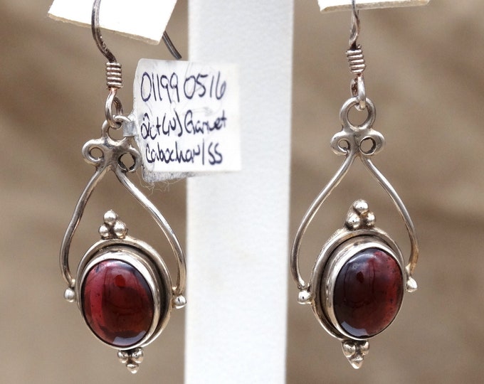 Natural Garnet Cabochon and Sterling Silver Dangle Earrings