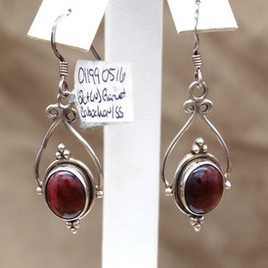 Natural Garnet Cabochon and Sterling Silver Dangle Earrings