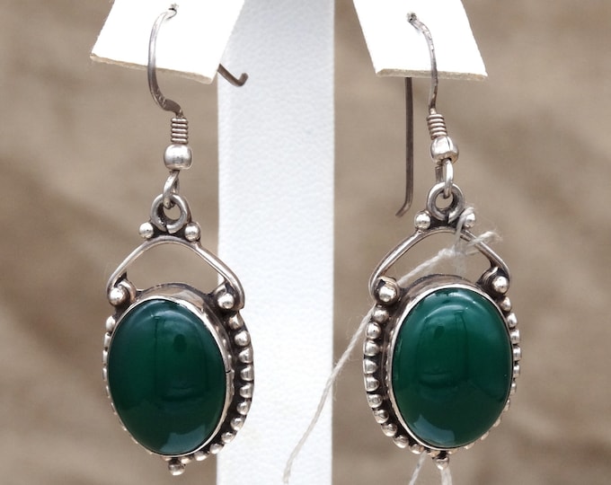 Natural Green Onyx and Sterling Silver Dangle Earrings