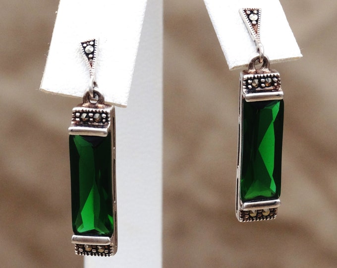 Rectangular Lab Emerald, Marcasite and Sterling Silver Dangle Earrings