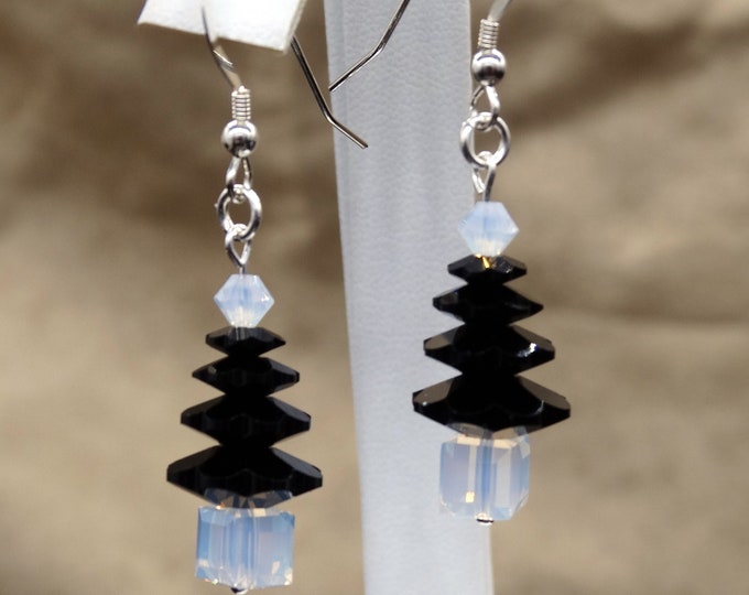 Black and Opal Swarovski Crystal Sterling Silver Holiday Tree Earrings
