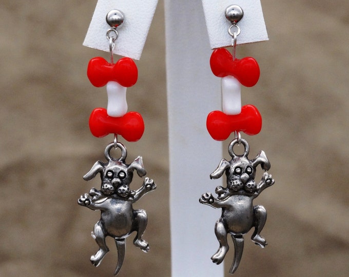 Moving Pudgy Puppies with Red and White Bones Dangle Earrings