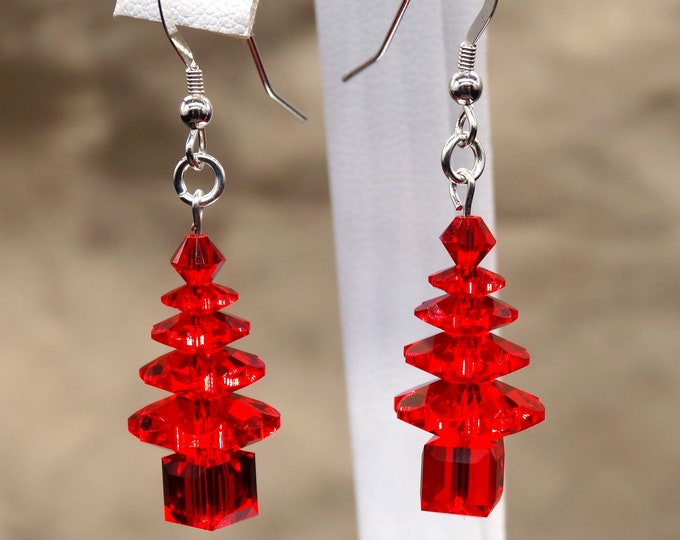 Red Swarovski Crystal Sterling Silver Holiday Tree Earrings