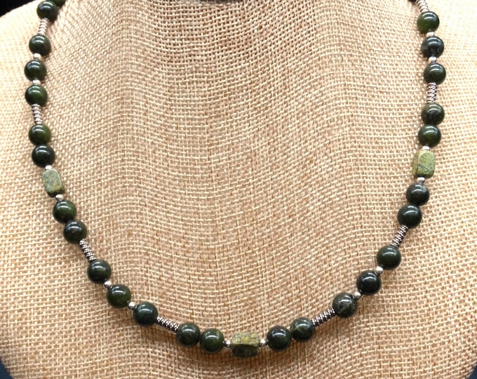 Jade, Serpentine, and Sterling Silver Necklace