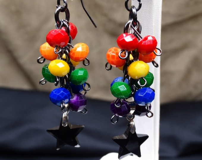 Rainbow Pride Earrings with Black Crystal Stars on Dark Setting