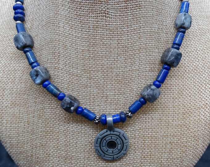 Greek Key Lapis Lazuli and Labradorite Necklace