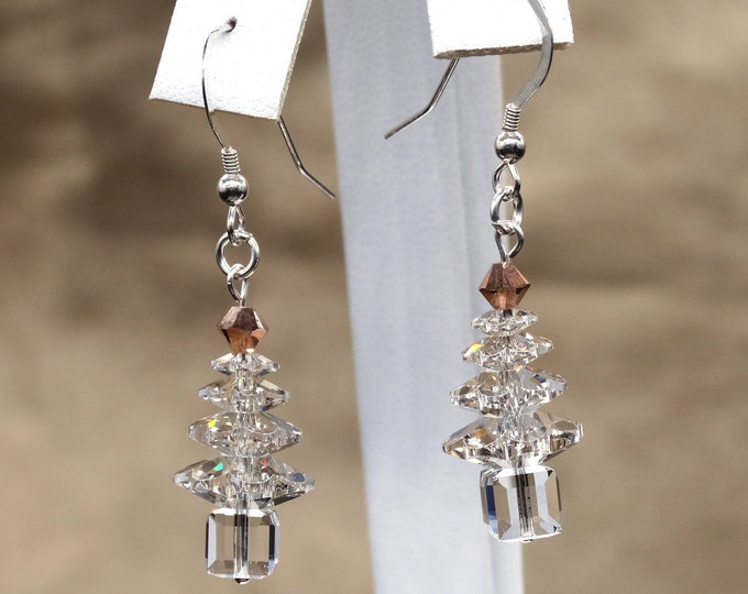 Silver Shade and Gold Swarovski Crystal Sterling Silver Holiday Tree Earrings