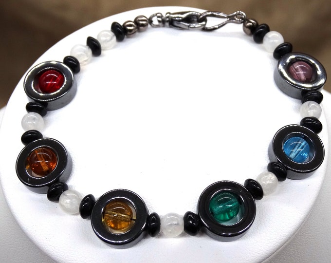 Hematite, Moonstone and Antique Glass Rainbow Pride Bracelet