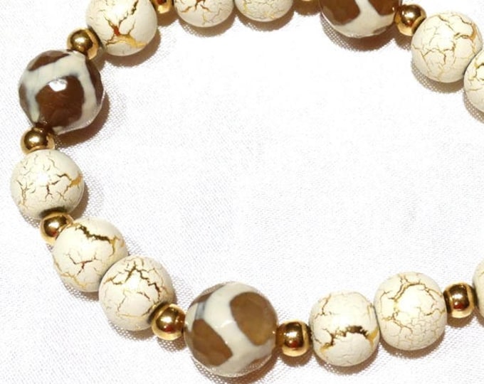 Crackle and Agate Cream and Gold Bracelet and Earring Set