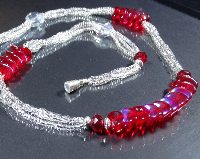 Silver and Red Waves Triple Strand Necklace