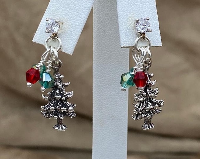 Sterling Silver Pine Tree and Swarovski Crystal Earrings