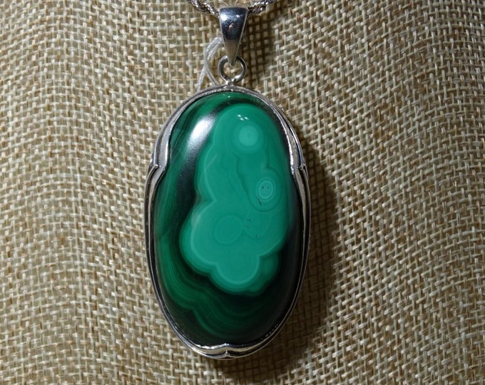 Malachite Cabochon and Sterling Silver Scroll Work Pendant