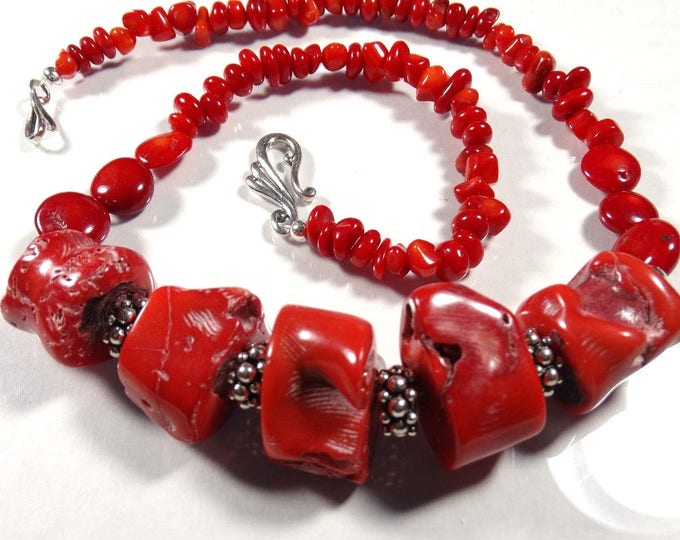 Natural Red Sea Coral and Sterling Silver Necklace