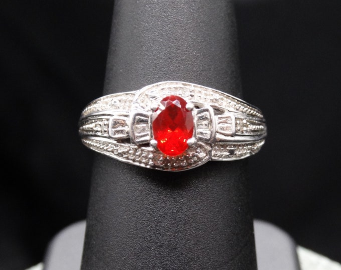 Natural Fire Opal and Baguette Diamond Accent Ring