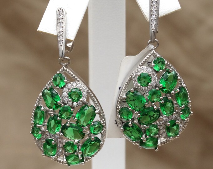 Lab Emerald, White Topaz and Sterling Silver Geometric Teardrop Dangles