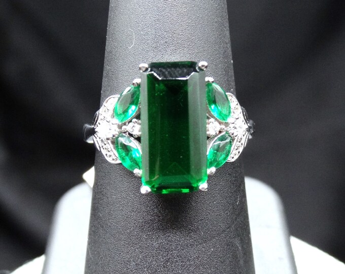 Emerald and Marquise Cut Lab Emeralds with CZ Accent and Sterling Silver Ring