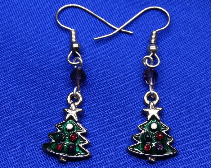 Enamel Christmas Tree and Swarovski Crystal Earrings