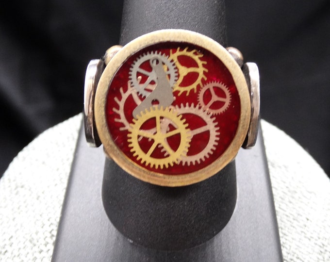 Red Sterling Silver Clockwork Ring