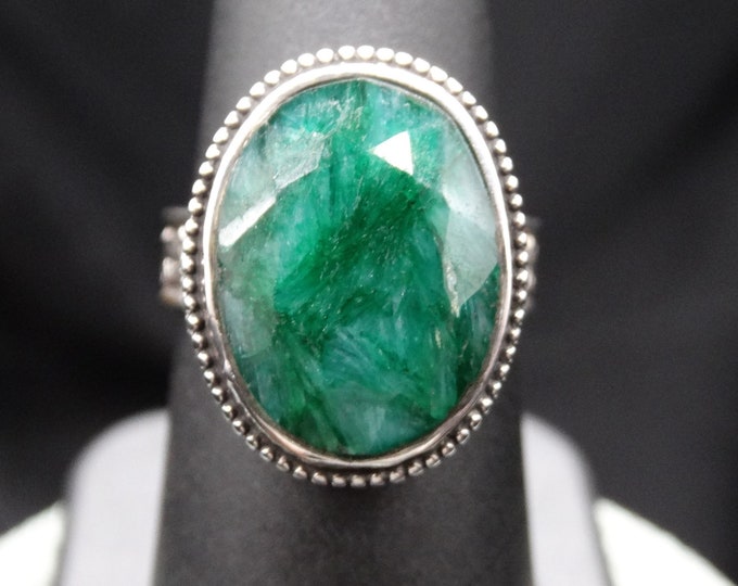 Oval Faceted Natural Indian Emerald and Sterling Silver Ring