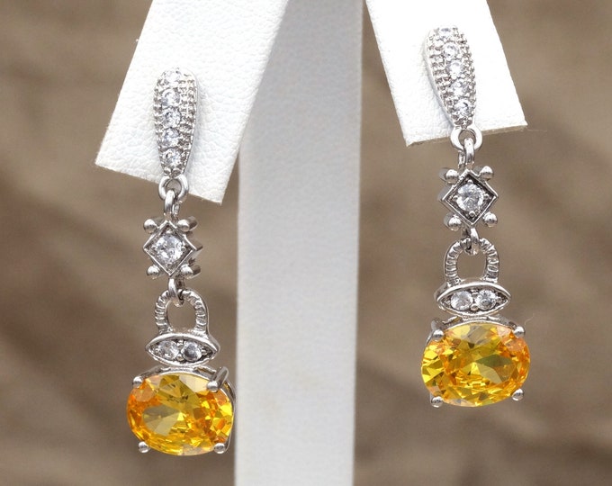 Natural Yellow Sapphire and White Topaz Dangle Earrings – Sterling Silver