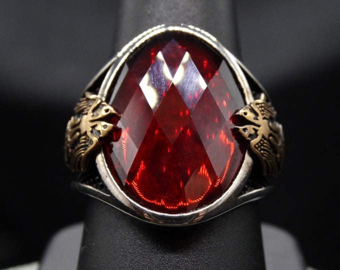 Lab Ruby and Sterling Silver Double Eagle Men's Ring