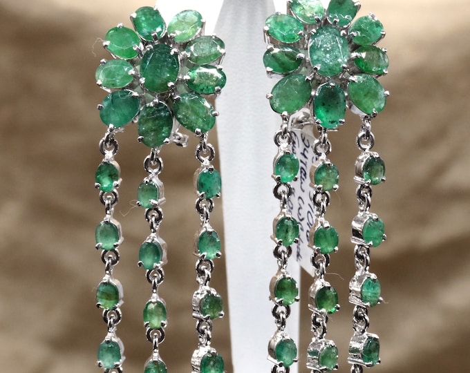 Colombian Emerald Floral and Fringe Sterling Silver Dangle Earrings