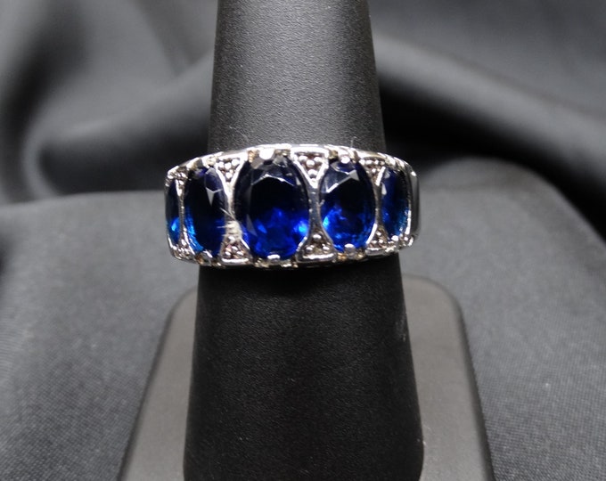 Graduated Lab Blue Sapphire and Sterling Silver Ring