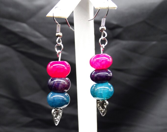 Bi Pride Heart and Agate Dangle Earrings