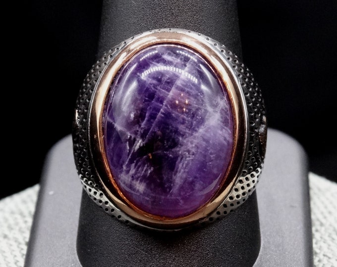 Natural Amethyst Cabochon and Sterling Silver Men's Ring