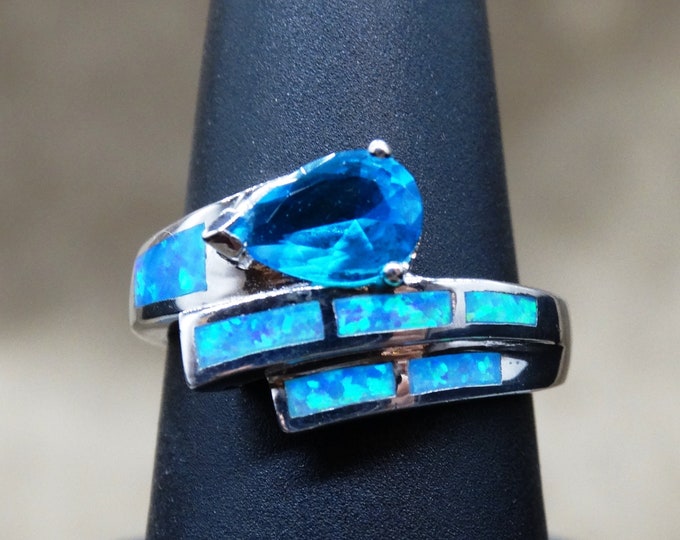 Natural London Blue Topaz, Natural Blue Fire Opal and Sterling Silver Ring