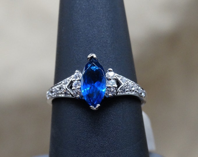 Marquise Lab Sapphire, CZ Accent and Sterling Silver Ring