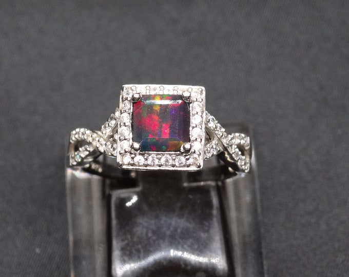 Natural Princess Cut Black Ethiopian Opal, White Sapphire and Sterling Silver Ring