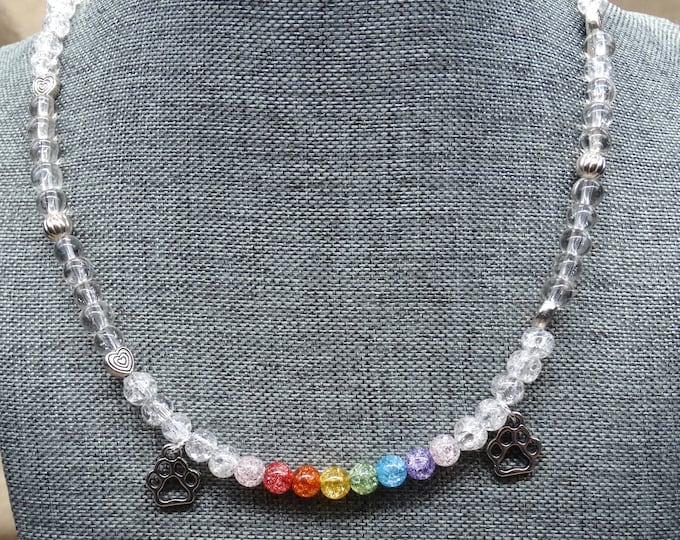 Rainbow Paw Print Crackle Quartz and Czech Glass Necklace