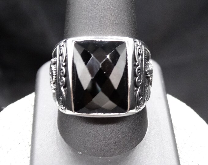 Faceted Black Onyx and Sterling Silver Men's Ring