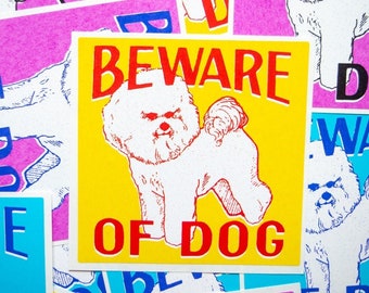 Beware of Dog Sticker | Bichon Frise Fluffy Dog | Glossy Vinyl Stickers