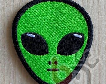 Gestickter grüner Alien-Aufnäher – Alienkopf-Aufnäher – UFO-Aufnäher – Science-Fiction-Aufnäher – Rucksack, Jacke, Mütze