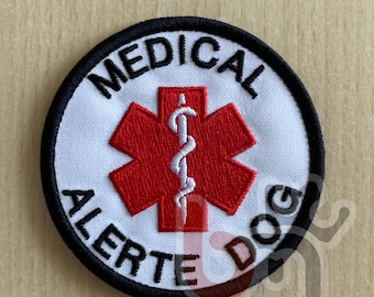 Personalisierbarer Aufnäher für medizinische Warnhunde | Gestickter Aufnäher, hergestellt in Frankreich | Klettverschluss-Aufnäher für Assistenzhundegeschirre
