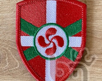 Embroidered Basque Cross Patch – Lauburu Symbol in Basque Colors | Iron-on, Sew-on, or Hook & Loop