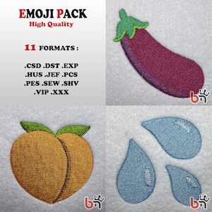 Puede incluir: Un conjunto de tres diseños de bordado que representan una berenjena, un melocotón y tres gotas de lluvia. Los diseños están disponibles en 11 formatos: .CSD, .DST, .EXP, .HUS, .JEF, .PCS, .PES, .SEW, .SHV, .VIP, .XXX.