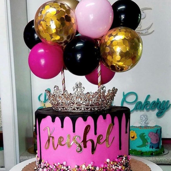 Pink, Black, Hot Pink and Gold Confetti Mini Balloon Garland Cake Topper | Birthday