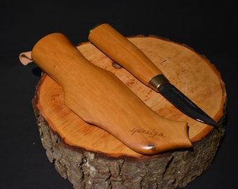 Couteau finlandais puukko avec bouleau de Carélie et étui en bois