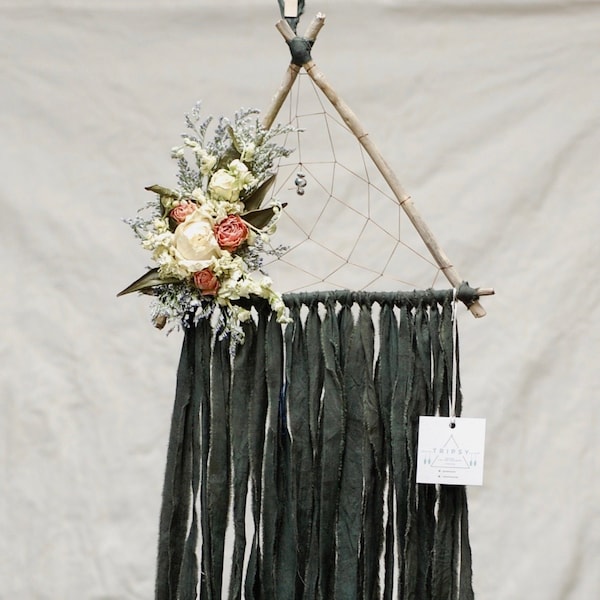 Olive Green Triangle Dream Catcher with Dried Flowers